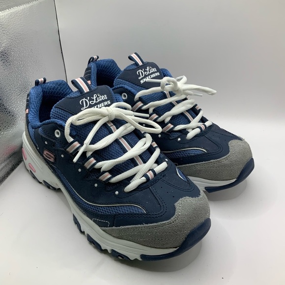 Skeckers Sports Woman's D'Lites Blue Pink Memory Foam Lace Up Wide Fit - 8 - Picture 3 of 9